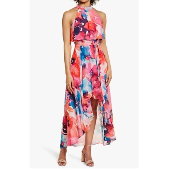NWT Eliza J Floral Halter Neck Popover High Low Dress 14 - Picture 4 of 4